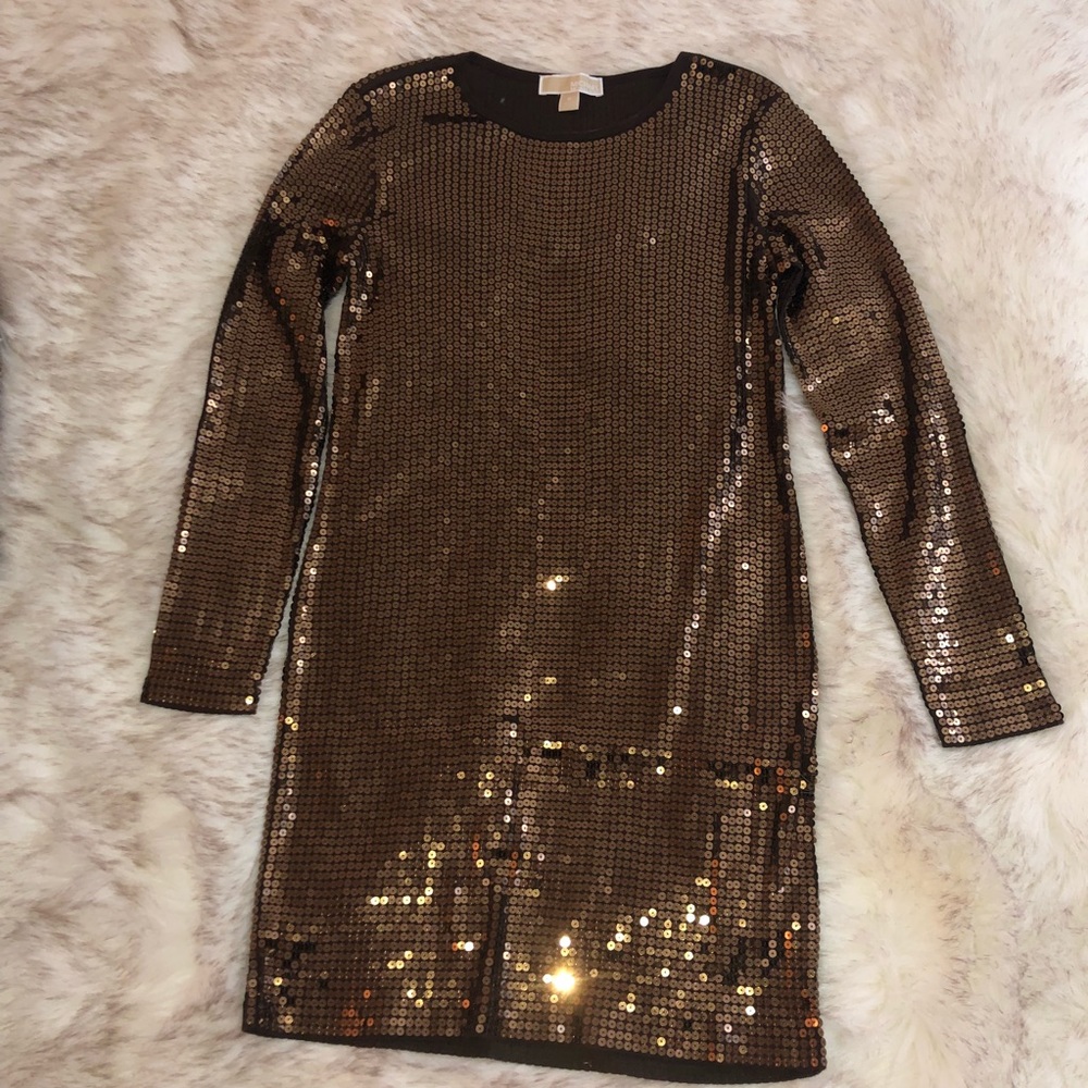 ⚡️MICHAEL KORS❗️Brown Long Sleeve Sequin Dress📀